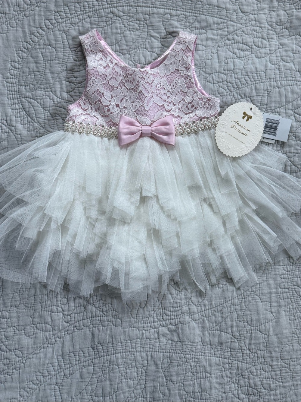 American Princess Pink and White Lace Tulle Bow Party Dress